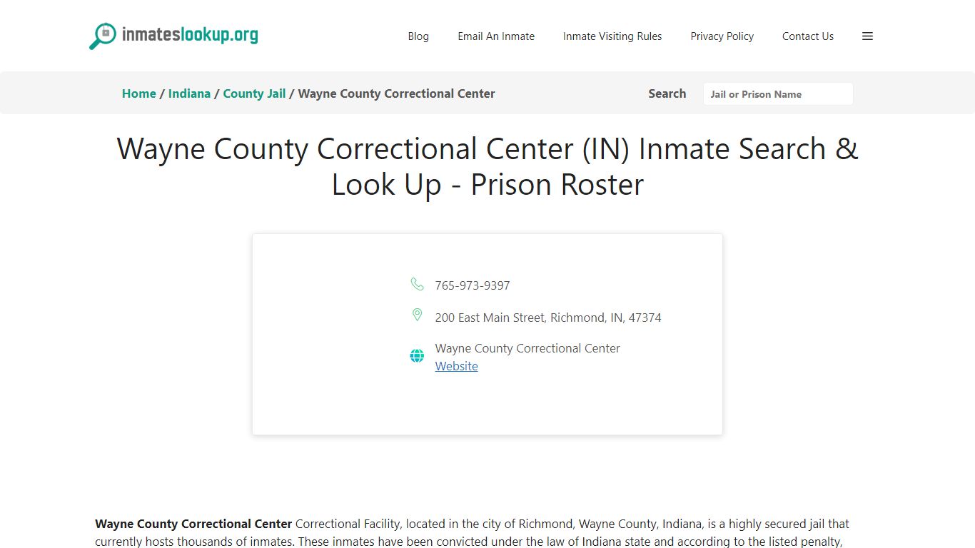 Wayne County Correctional Center (IN) Inmate Search & Look Up - Prison ...